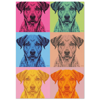 Modern djurposter föreställande en hund i sex olika starka färgskalor