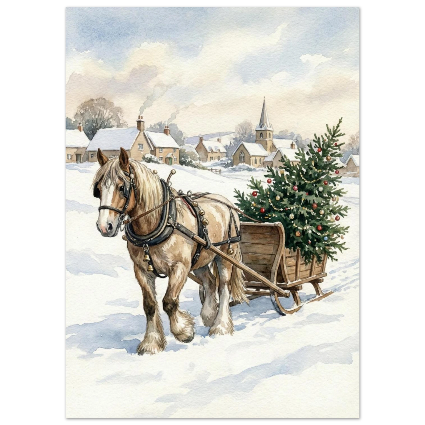 Nostalgisk vinterscen med häst och julsläde framför en snötäckt kyrka