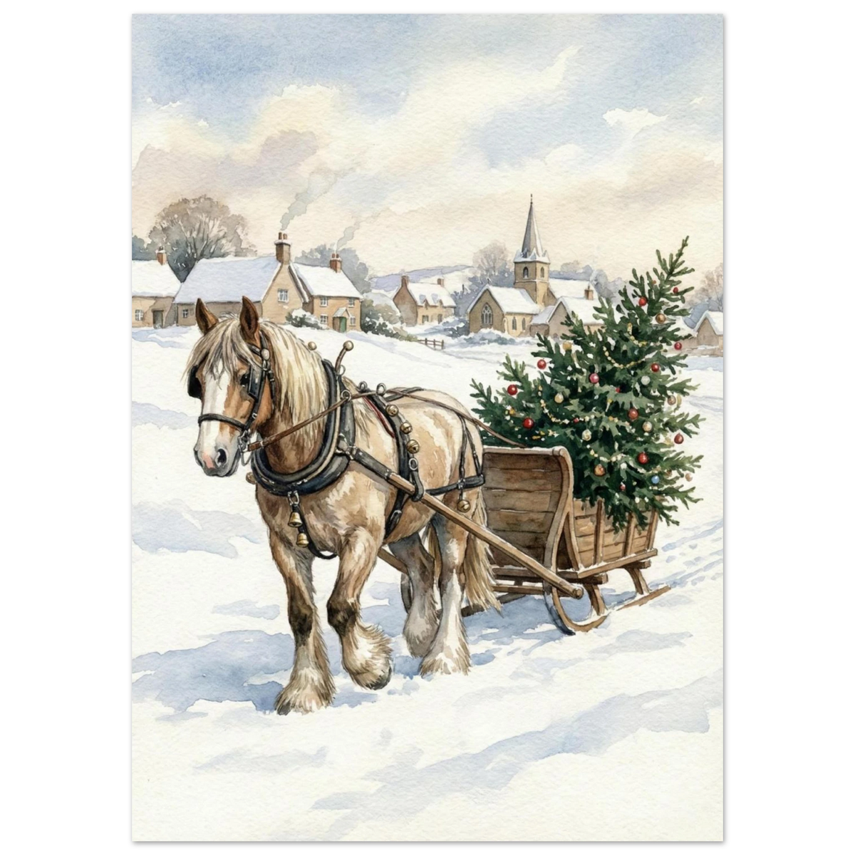 Nostalgisk vinterscen med häst och julsläde framför en snötäckt kyrka