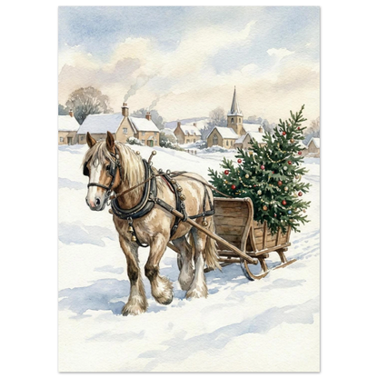Nostalgisk vinterscen med häst och julsläde framför en snötäckt kyrka