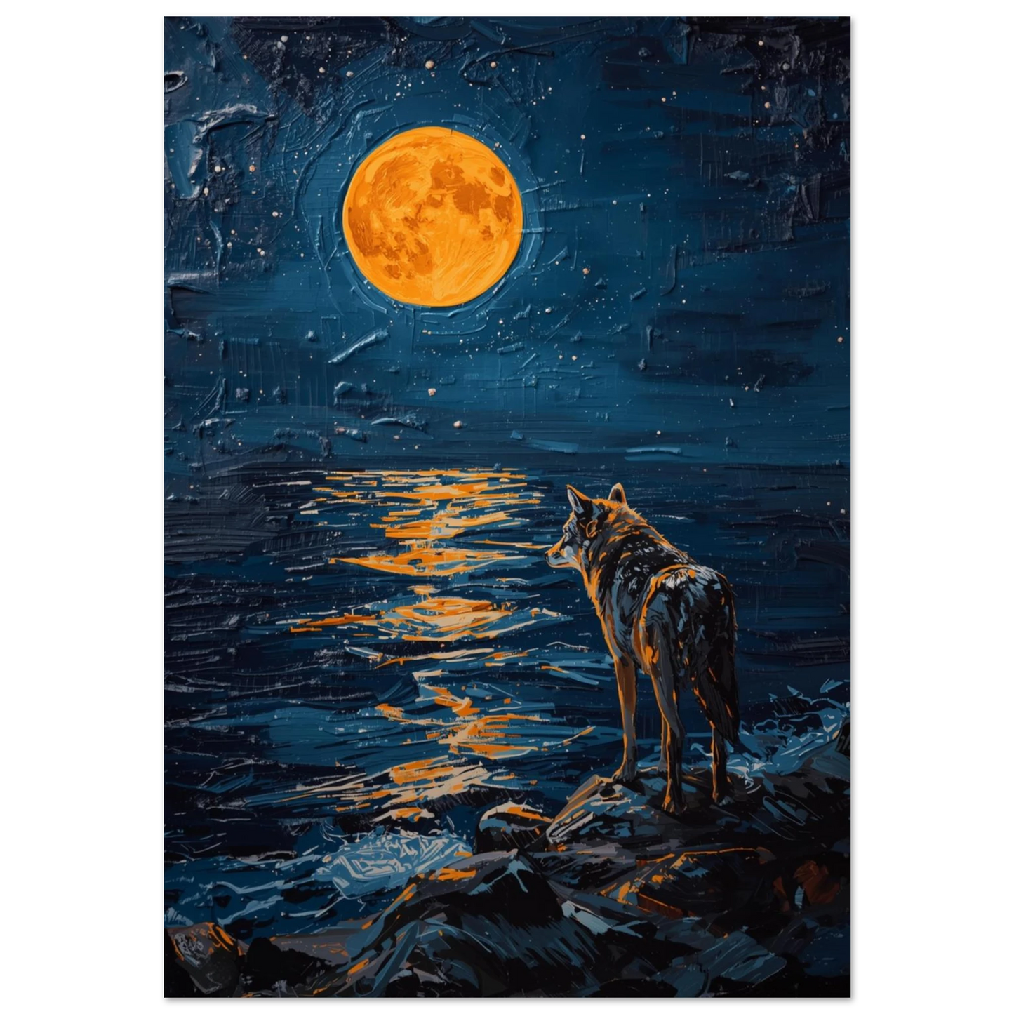Varg vid midnattshavet under orange fullmåne – texturerad impasto djurposter