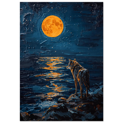 Varg vid midnattshavet under orange fullmåne – texturerad impasto djurposter