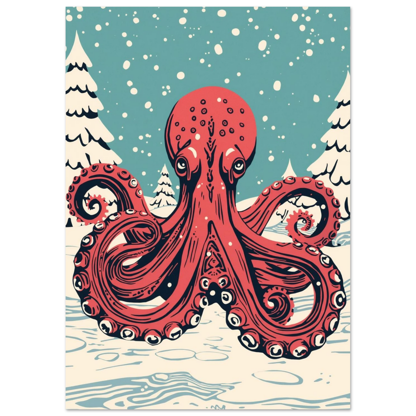 Illustration av röd jättebläckfisk på snötäckt mark med vinterträd