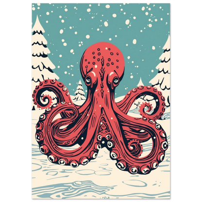 Illustration av röd jättebläckfisk på snötäckt mark med vinterträd