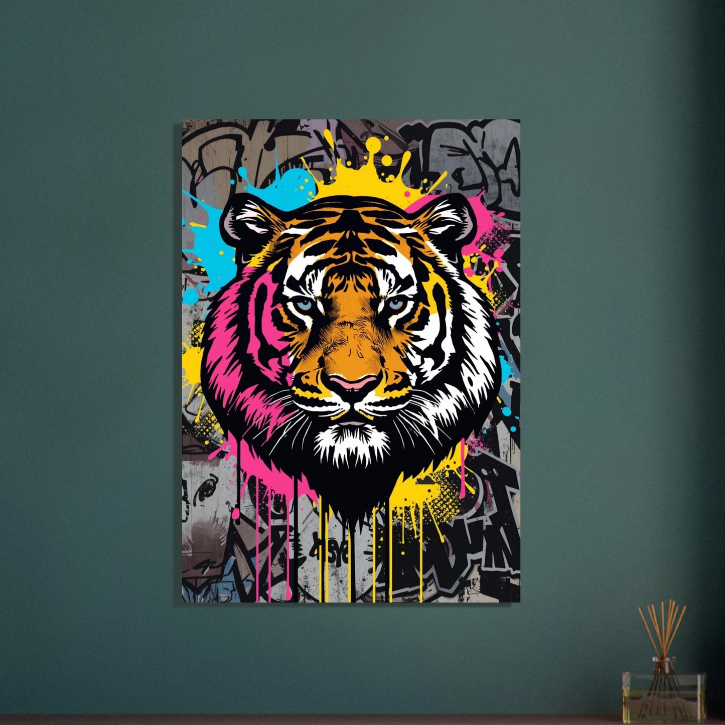 Tigerns ansikte i graffiti popkonst, färgstarkt och energiskt uttryck.