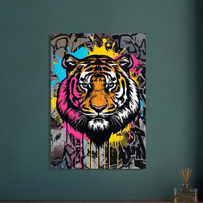 Tigerns ansikte i graffiti popkonst, färgstarkt och energiskt uttryck.