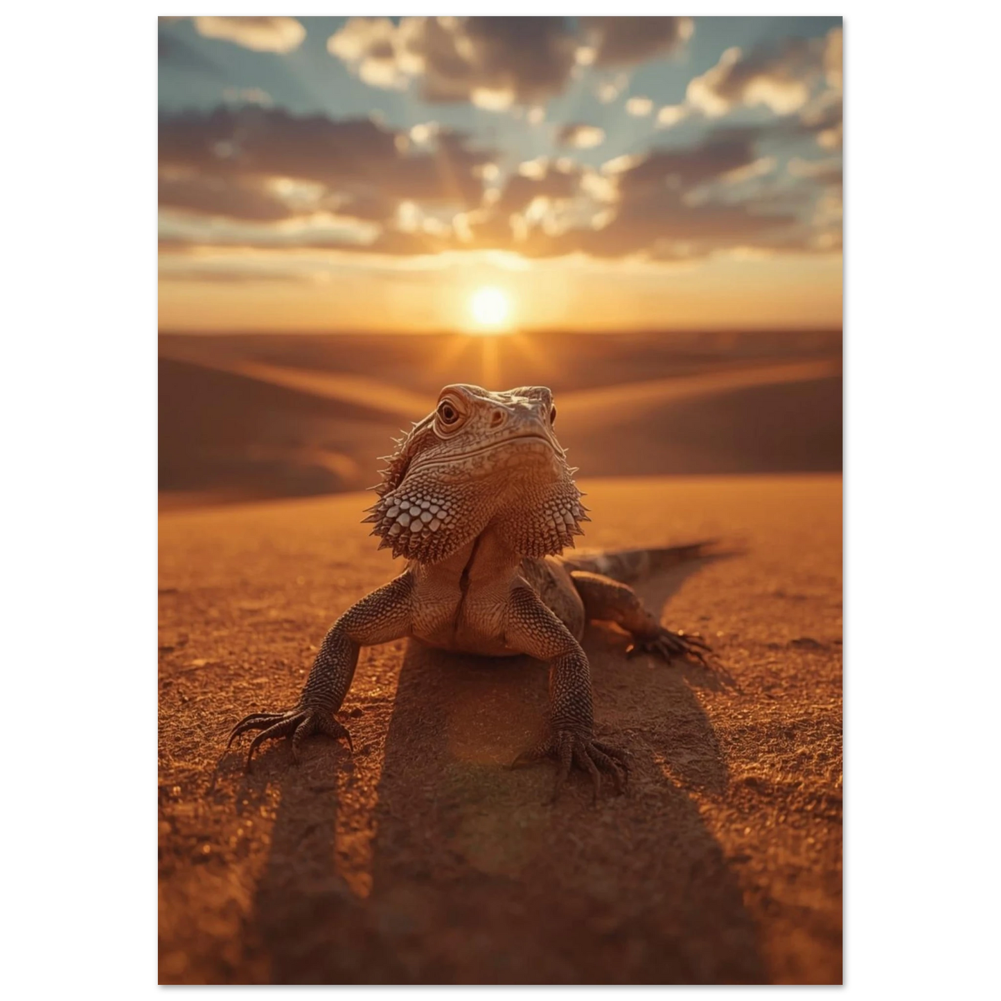 Närbild på ödla i varmt motljus på en sanddyner – fotorealistisk poster