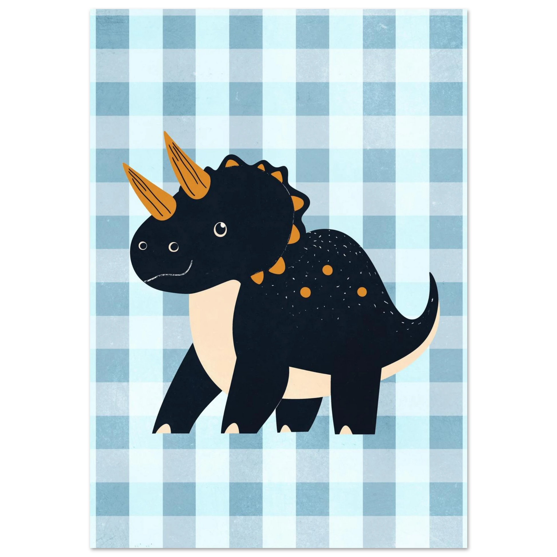 Mörkblå Triceratops med orangea horn på ljusblå rutig bakgrund – barnposter