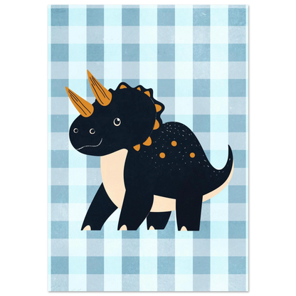 Mörkblå Triceratops med orangea horn på ljusblå rutig bakgrund – barnposter
