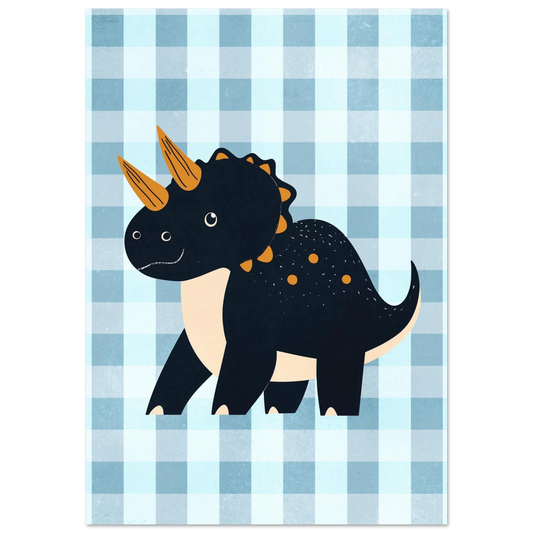 Mörkblå Triceratops med orangea horn på ljusblå rutig bakgrund – barnposter