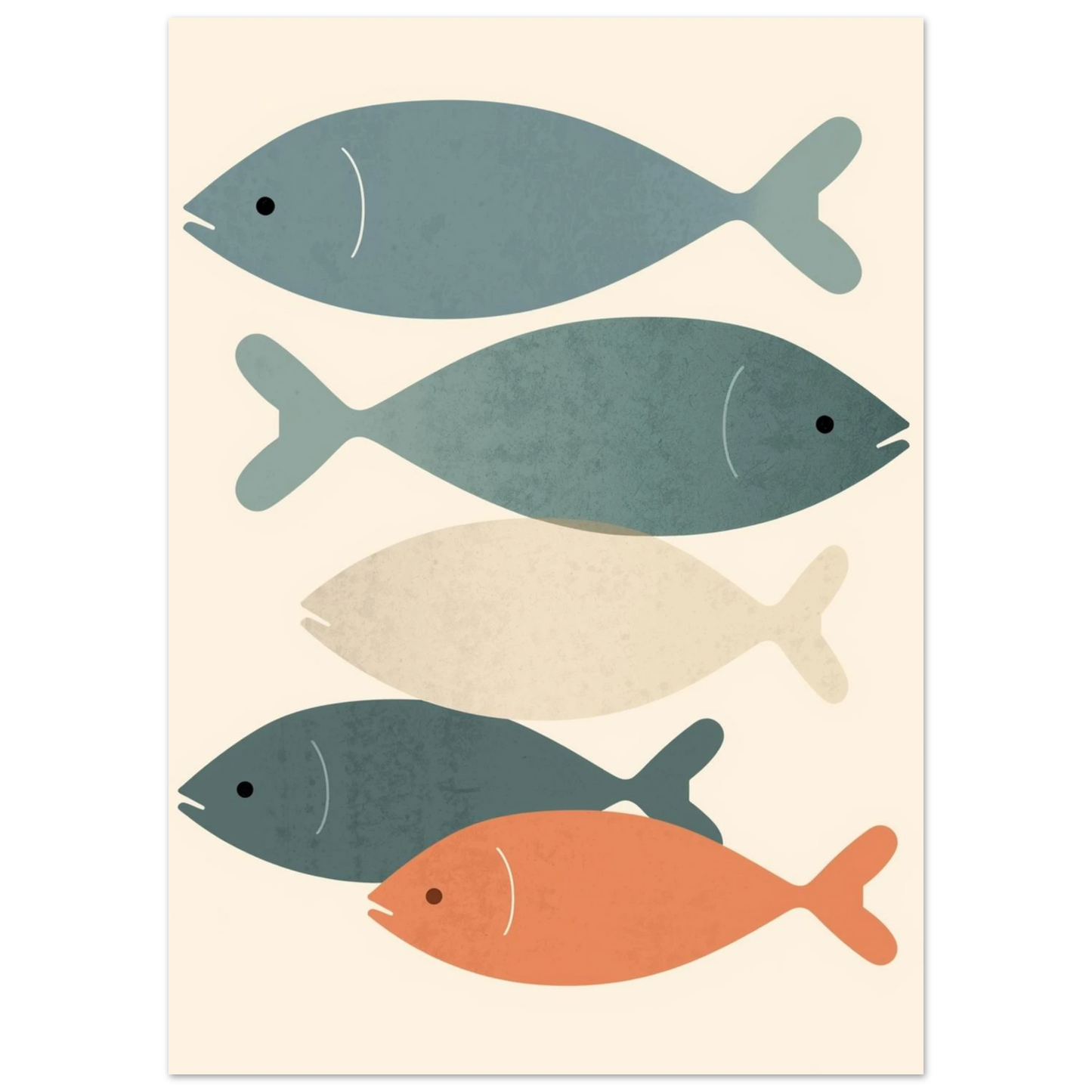 Minimalistisk illustration av fem fiskar i harmoniska jordnära färger
