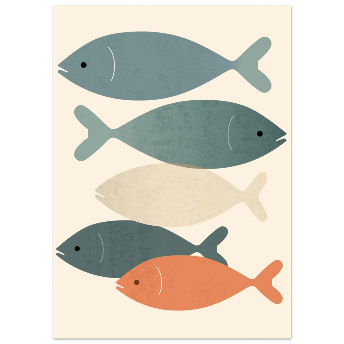 Minimalistisk illustration av fem fiskar i harmoniska jordnära färger