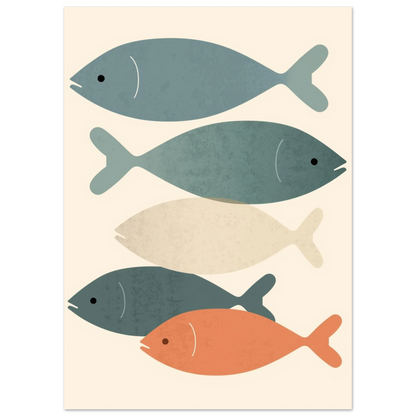 Minimalistisk illustration av fem fiskar i harmoniska jordnära färger