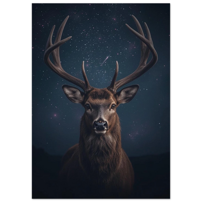 Fotorealistisk hjortposter med mörkblå bakgrund och lysande stjärnor i rymden