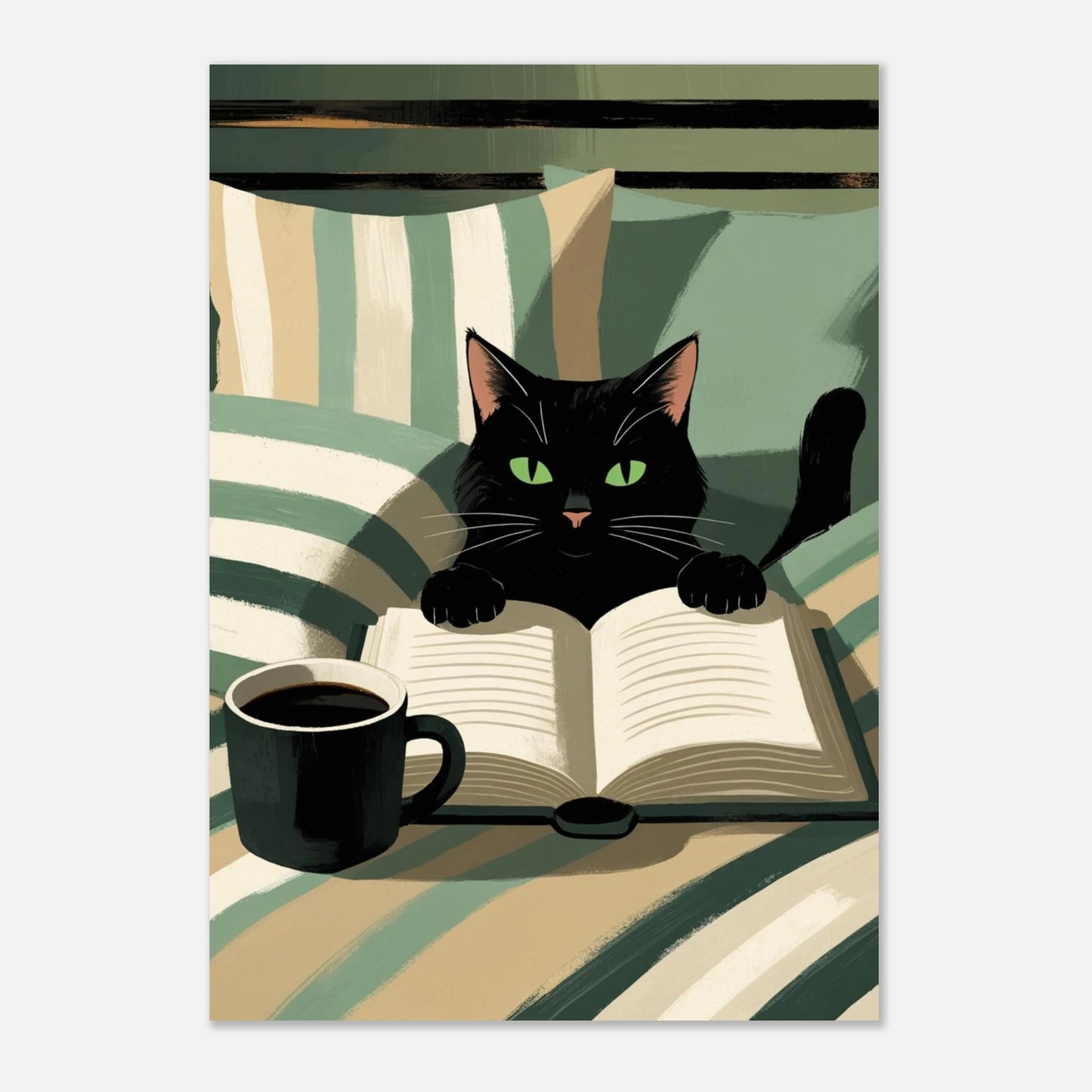 Mysigt djurmotiv med katt i sängmiljö, ljusare grön och beige färgskala