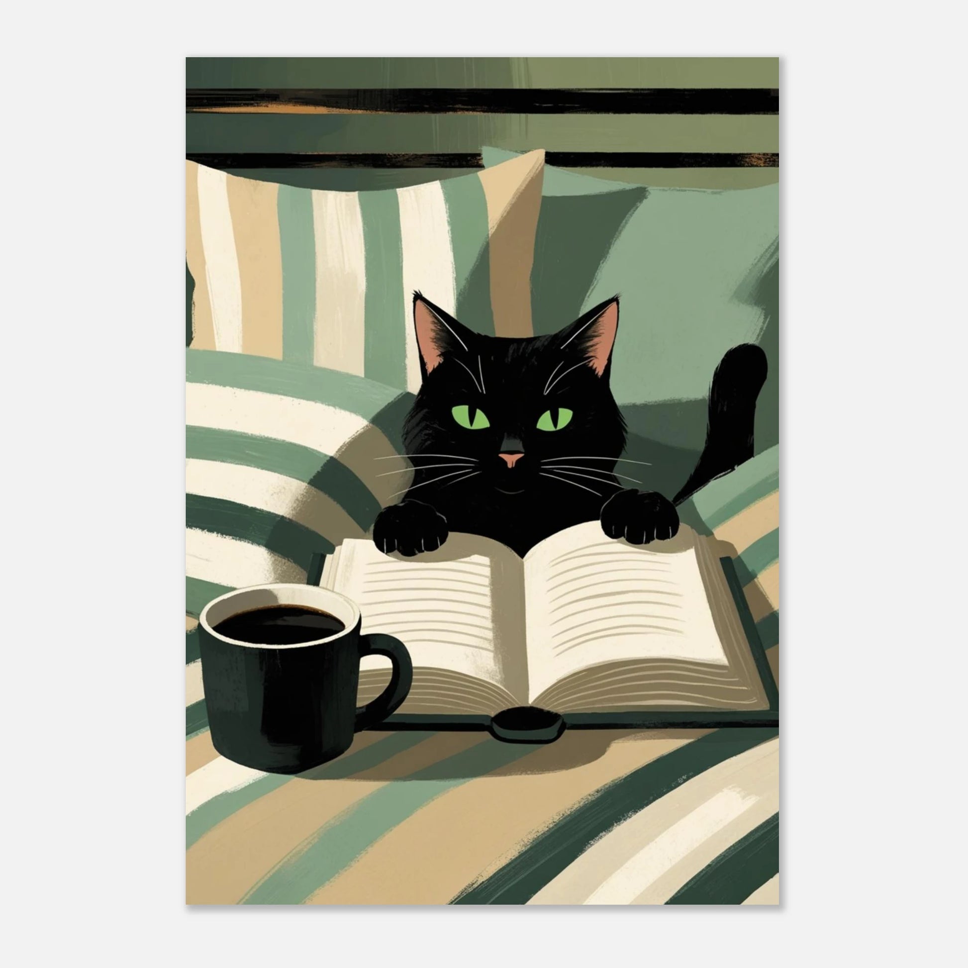 Mysigt djurmotiv med katt i sängmiljö, ljusare grön och beige färgskala