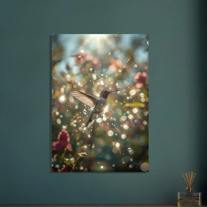 Kolibri i solljus, skimrande och magisk med bokeh-effekt.