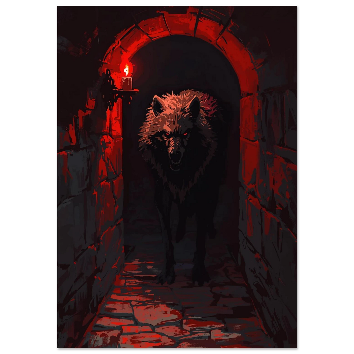 Digital illustration av en varg i en mörk fängelsehåla med rött ljus