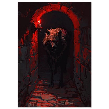 Digital illustration av en varg i en mörk fängelsehåla med rött ljus