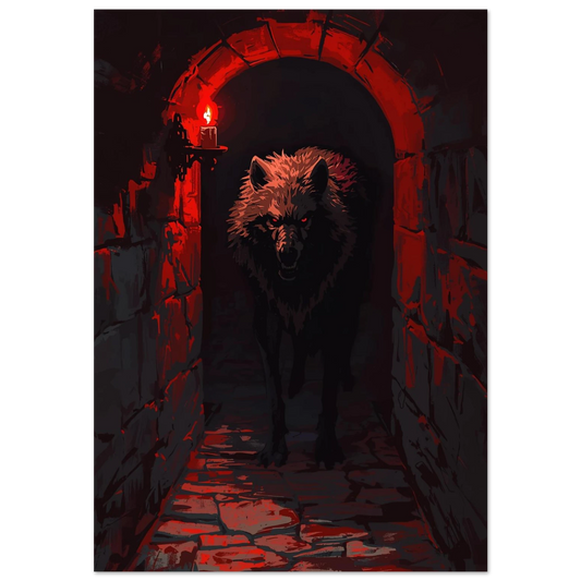 Digital illustration av en varg i en mörk fängelsehåla med rött ljus