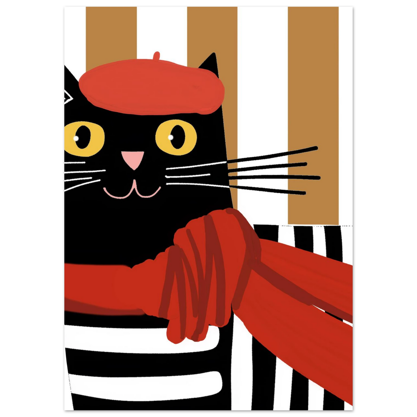 Närbild på illustrerad svart katt i röd fransk basker, djurmotiv