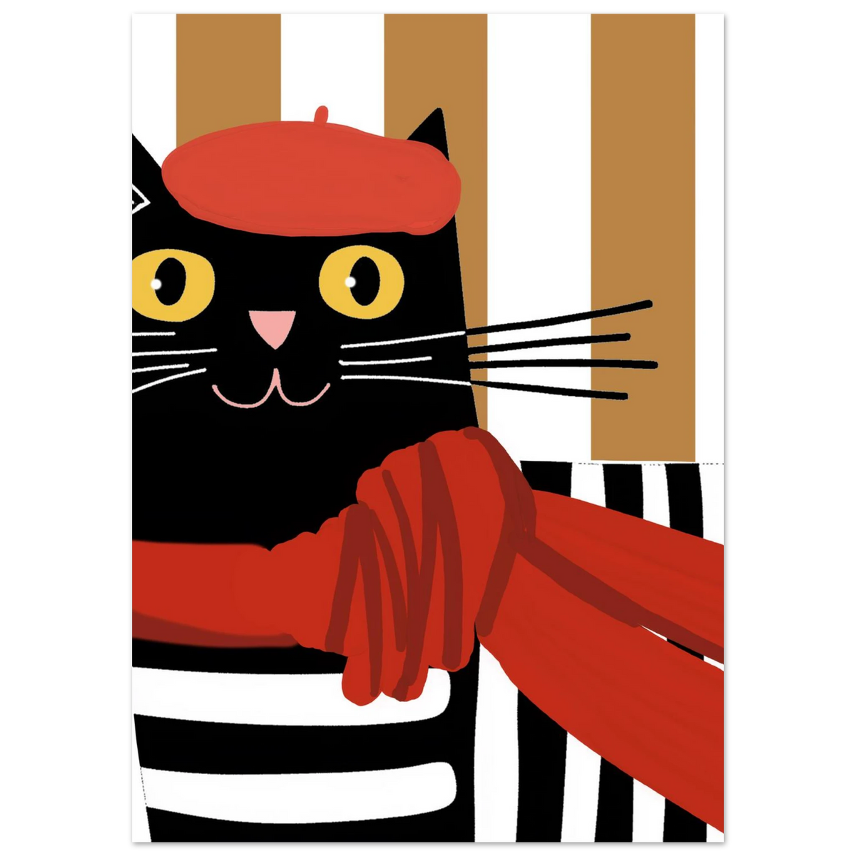 Närbild på illustrerad svart katt i röd fransk basker, djurmotiv