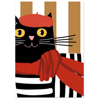 Närbild på illustrerad svart katt i röd fransk basker, djurmotiv