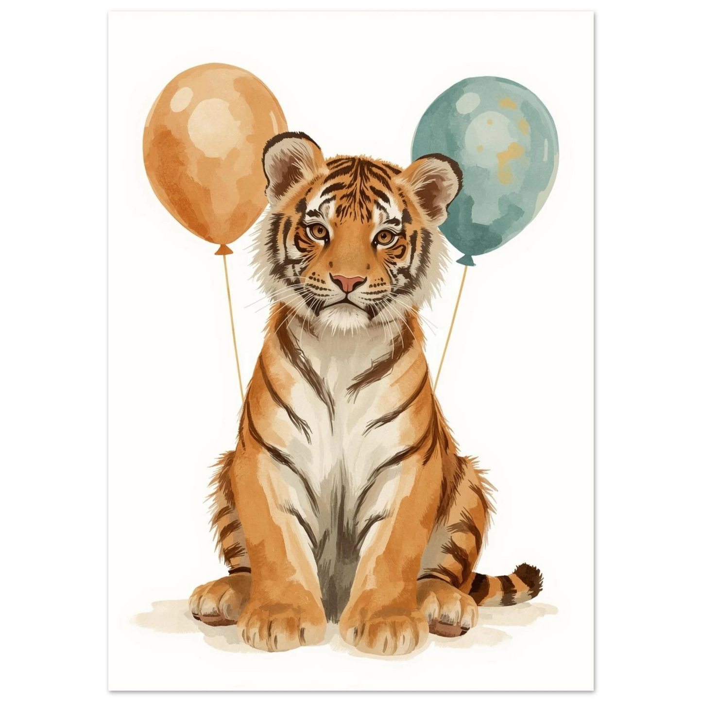 Tigerunge som sitter med två svävande ballonger – konstnärlig djurposter barnrum