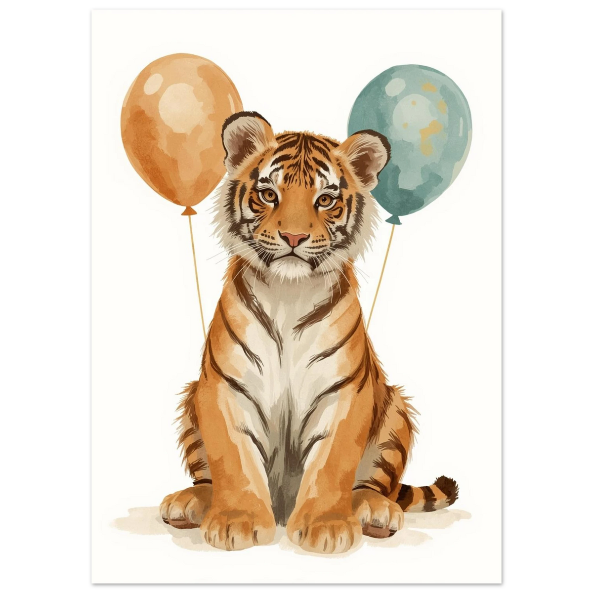 Tigerunge som sitter med två svävande ballonger – konstnärlig djurposter barnrum