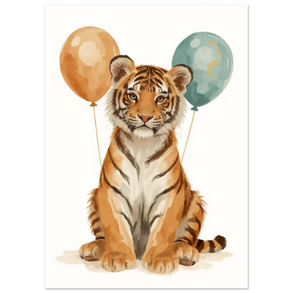 Tigerunge som sitter med två svävande ballonger – konstnärlig djurposter barnrum