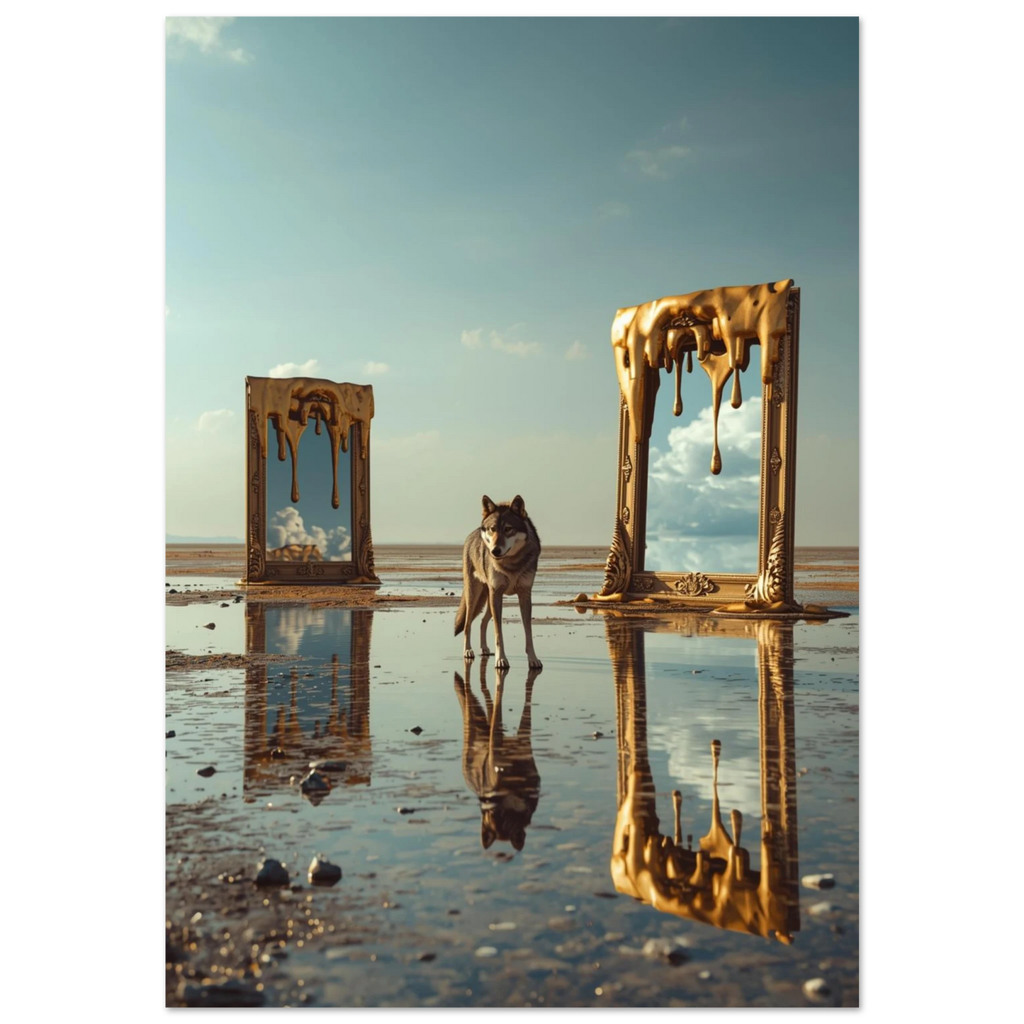 Surrealistisk varg bland smältande guldramar i reflekterande vatten – digital konstposter