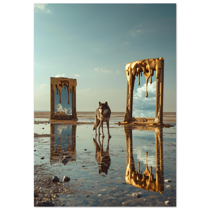 Surrealistisk varg bland smältande guldramar i reflekterande vatten – digital konstposter