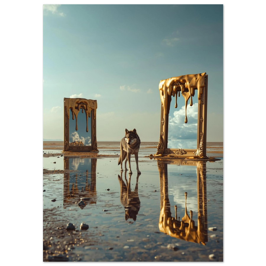 Surrealistisk varg bland smältande guldramar i reflekterande vatten – digital konstposter