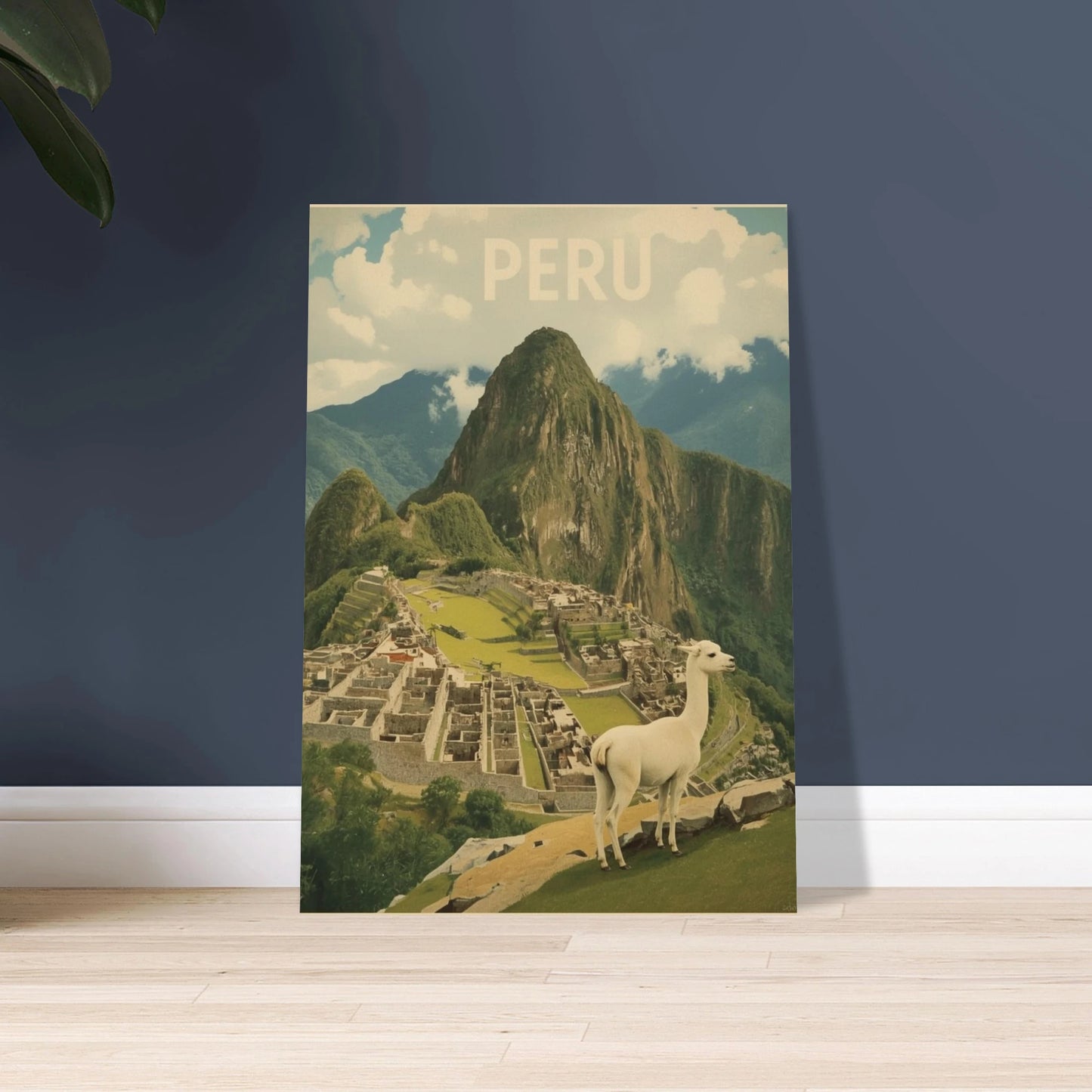 Lama framför Machu Picchu, vintage reseposter illustration