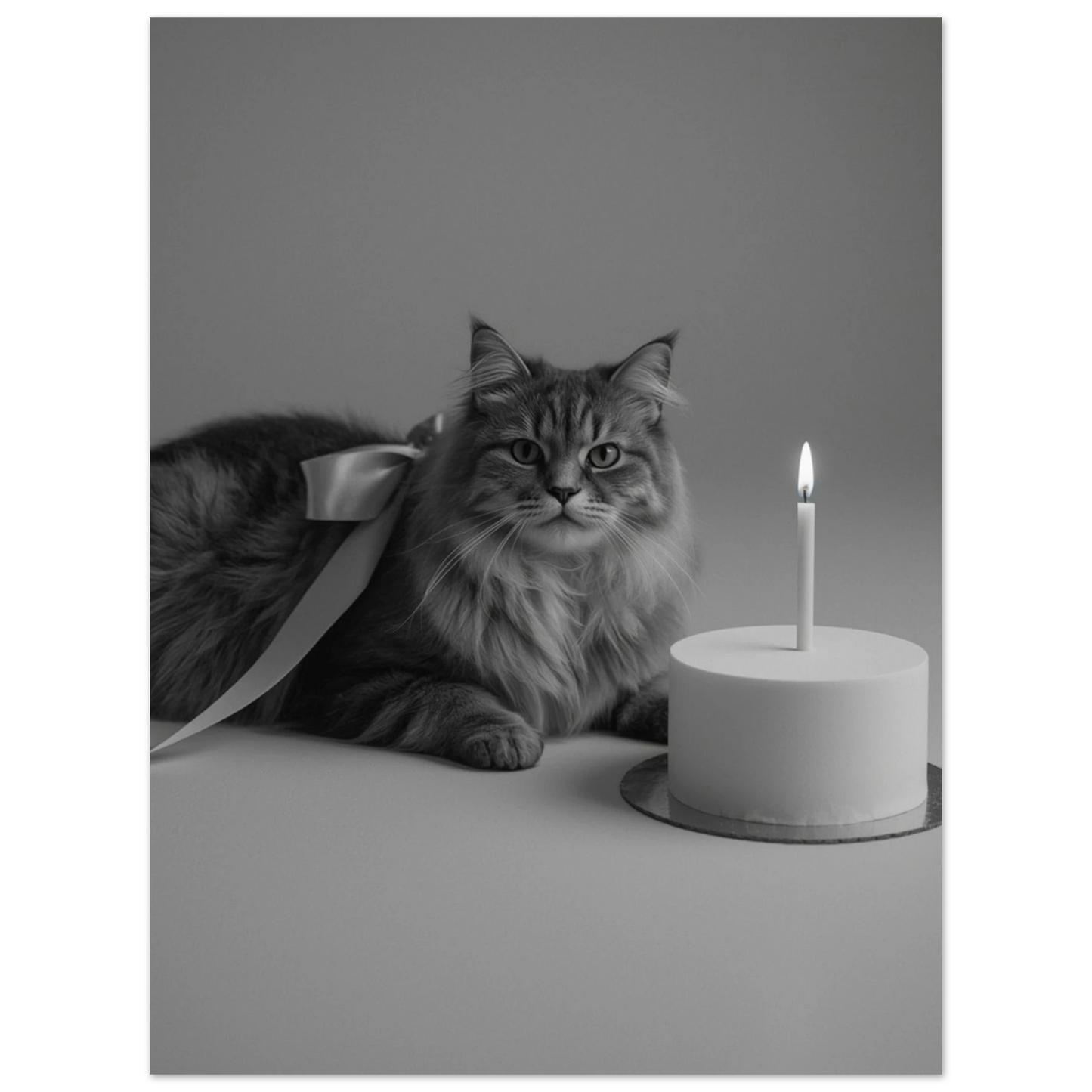 Stämningsfull kattposter i gråskala med ett brinnande ljus