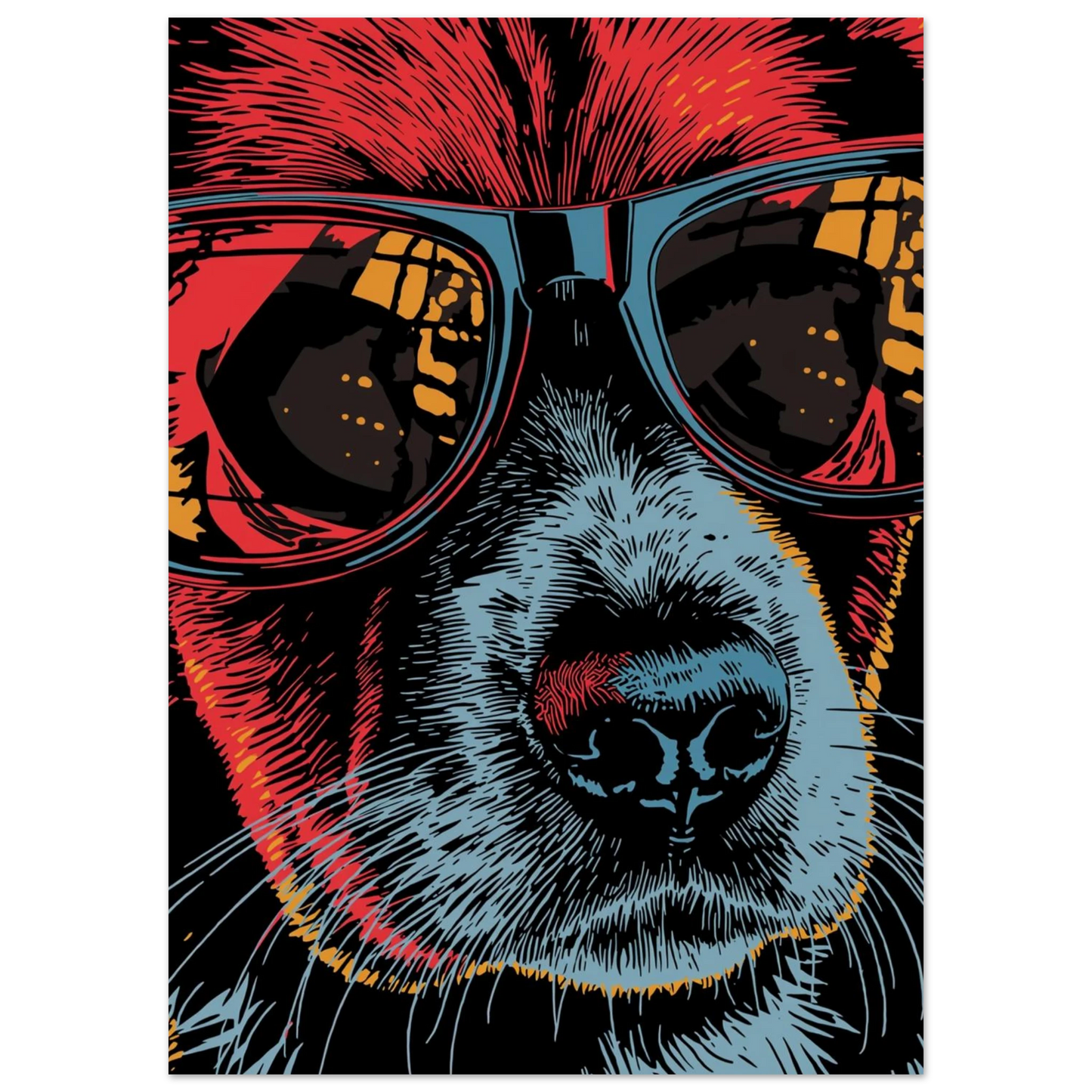 Närbild av hund i urbana solglasögon, digital illustration i neonfärger