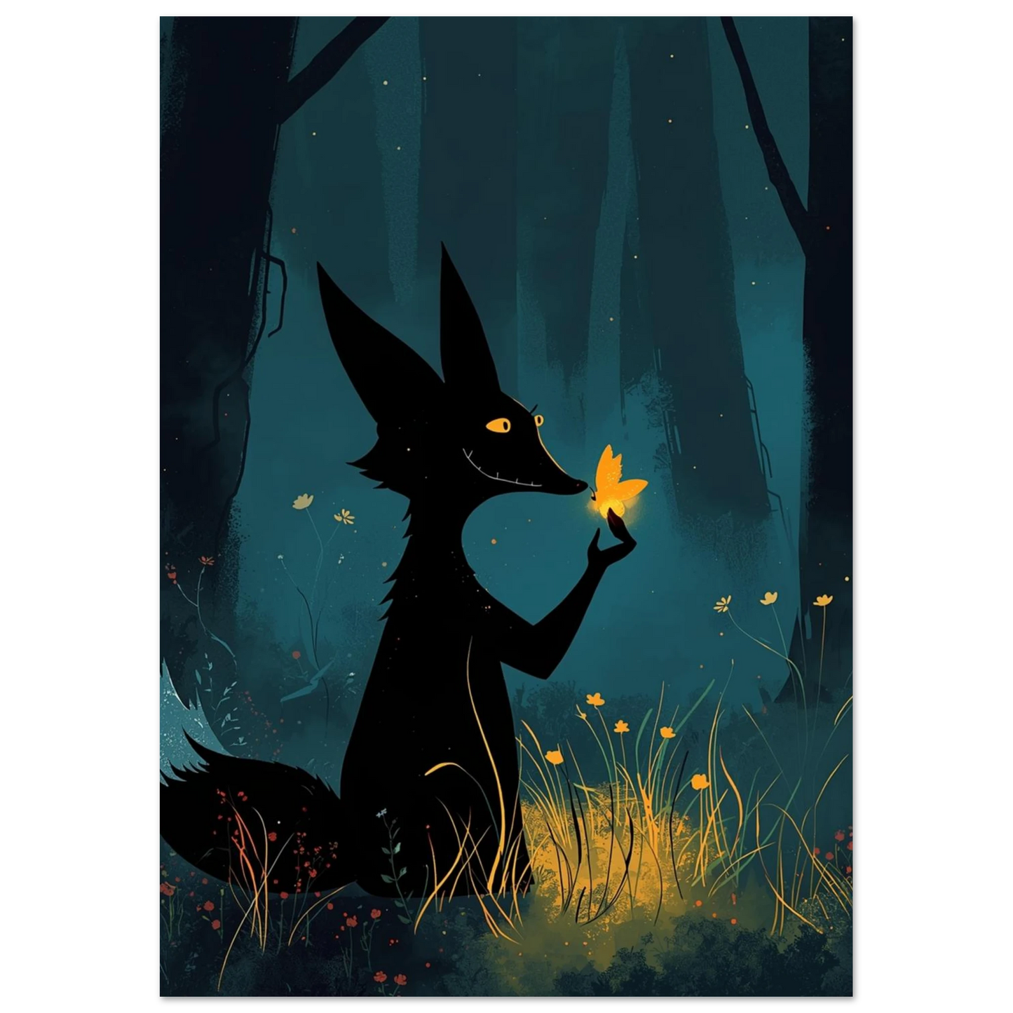 Mystisk räv som möter en gul fjäril i natten – konstnärlig poster