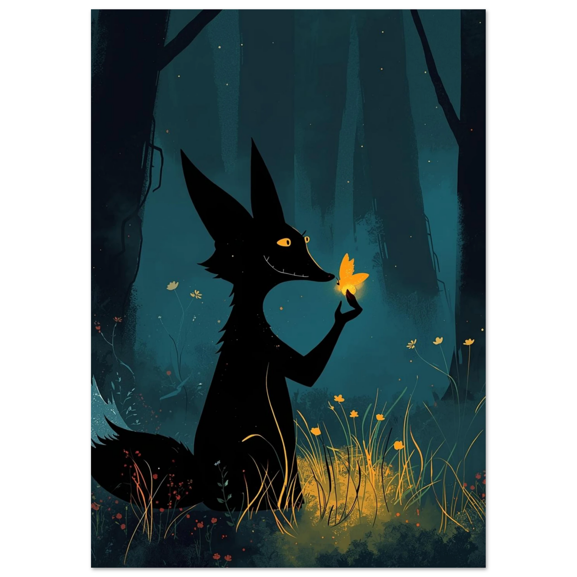 Mystisk räv som möter en gul fjäril i natten – konstnärlig poster