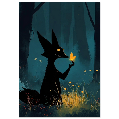 Mystisk räv som möter en gul fjäril i natten – konstnärlig poster
