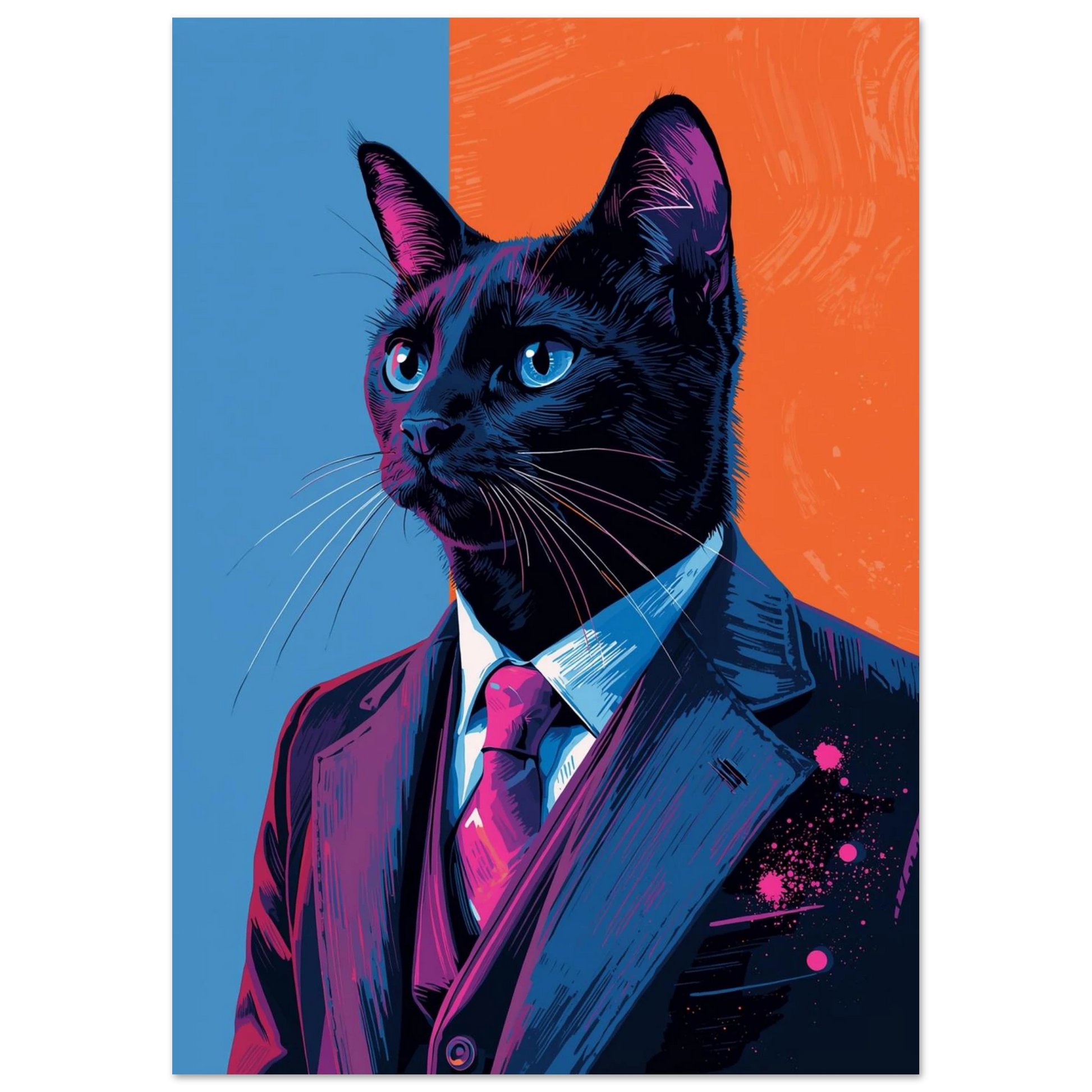 Digital konst av svart katt iklädd kavaj med neonrosa detaljer