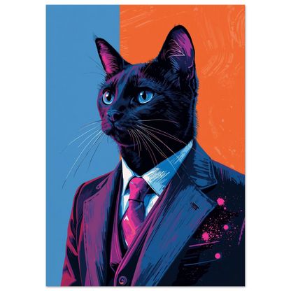 Digital konst av svart katt iklädd kavaj med neonrosa detaljer