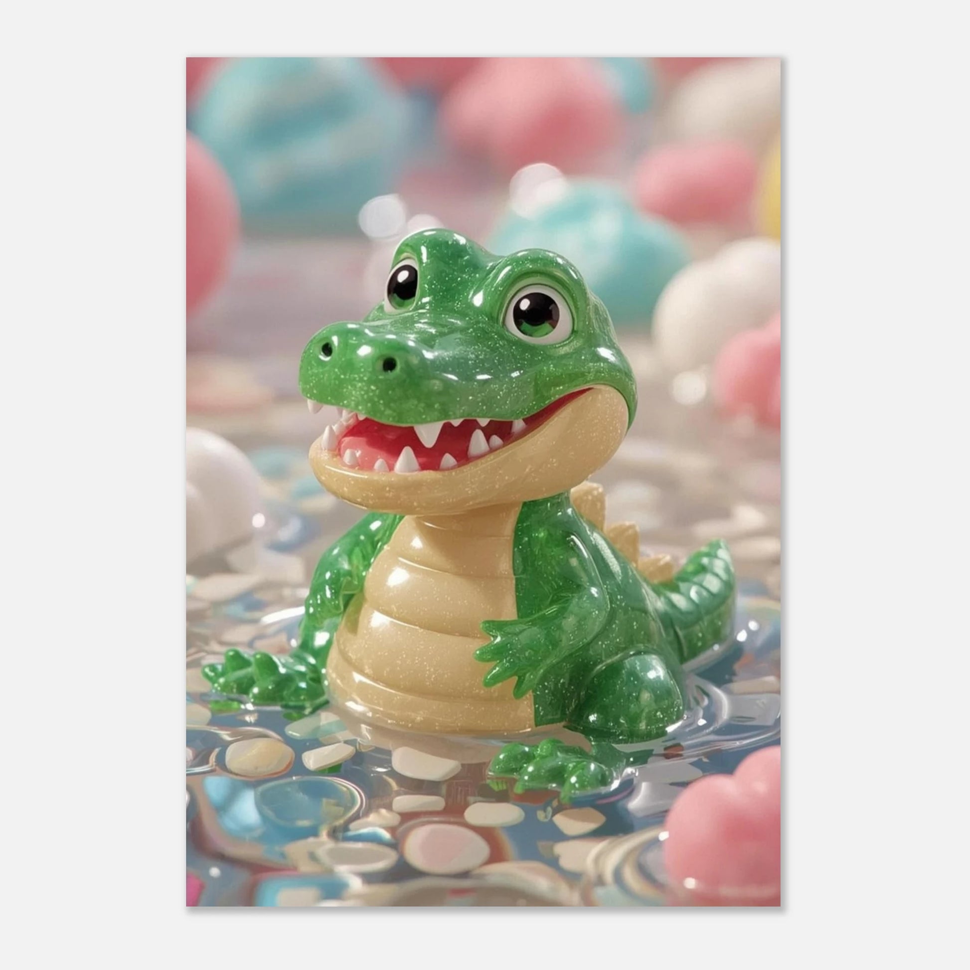 Färgglad djurposter med en glittrande grön krokodil bland mjuka pastellmoln