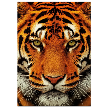 Närbild av tiger med intensiv blick och orange päls mot svart bakgrund