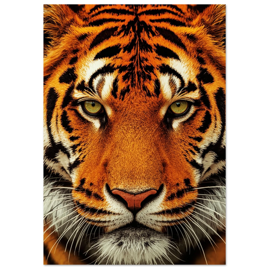 Närbild av tiger med intensiv blick och orange päls mot svart bakgrund