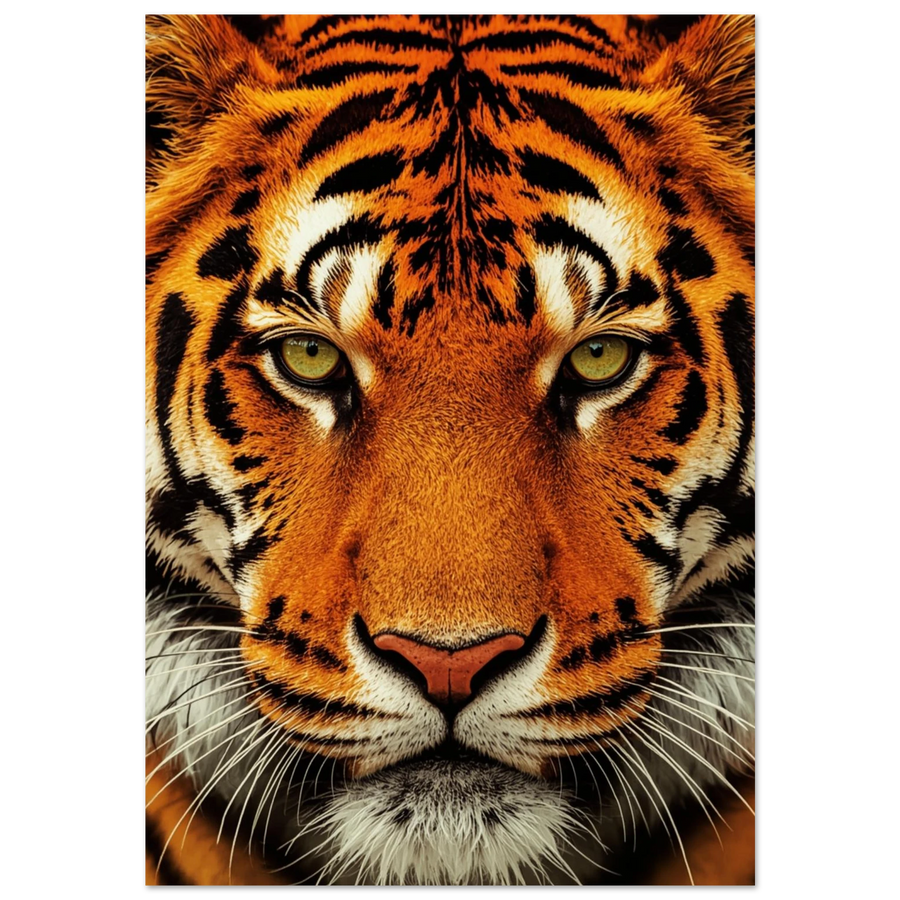 Närbild av tiger med intensiv blick och orange päls mot svart bakgrund