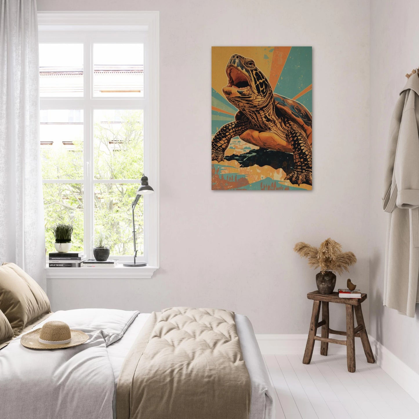 Inredningsbild med en stor retro turtle poster hängande ovanför en säng