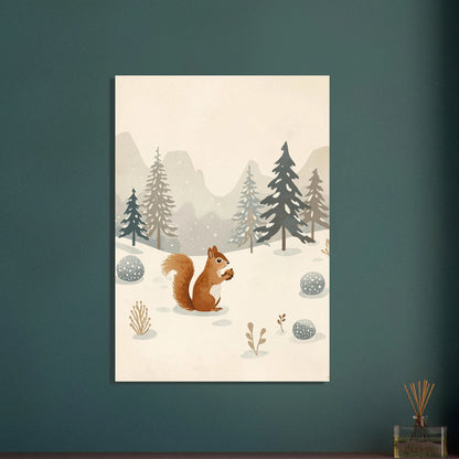 Ekorre i snöigt vinterlandskap, skandinavisk vintage illustration
