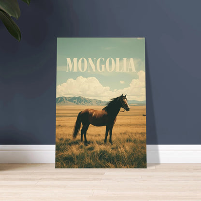 Majestätisk häst på mongoliska stäppen, vintage reseposter