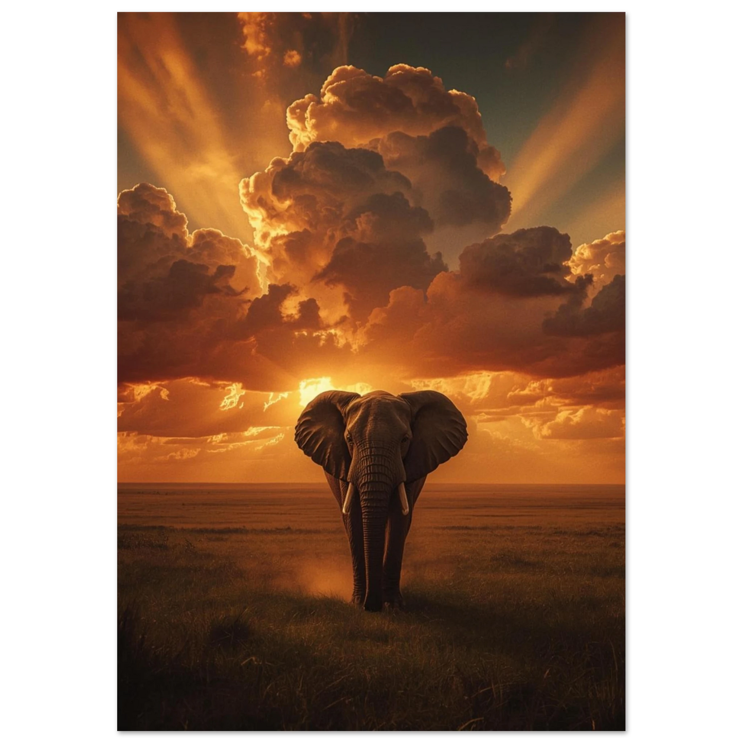 Ståtlig elefant vandrar genom gräslandskap under en intensiv guldgul himmel