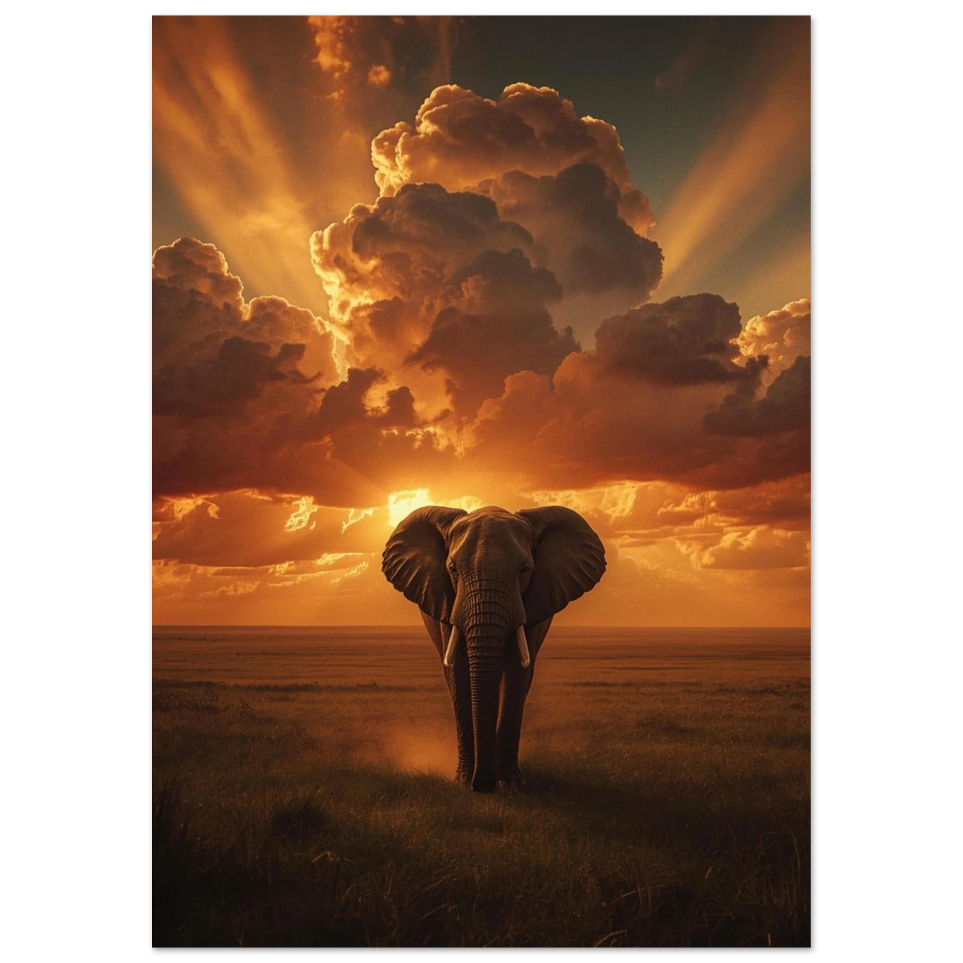 Ståtlig elefant vandrar genom gräslandskap under en intensiv guldgul himmel